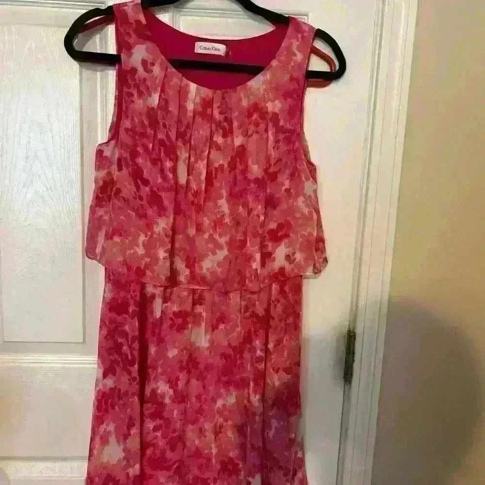 Calvin Klein size 6 pink white color, midi dress sheer sleeveless dress